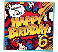 Hierein 6th Birthday Card Boy, Comic Pop Art Birthday Cards for 6 Year Old Boy, Happy 6th Birthday Card for Son Grandson Brother Nephew, 150x150mm Gift Greeting Cards