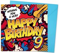 Hierein 9th Birthday Card, Comic Pop Art 9th Birthday Cards for Boy, Happy Birthday Card for 9 Year Old Son Grandson Brother Nephew, 150x150mm Gift Greeting Cards