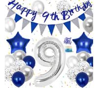 Hierein 9th Birthday Decorations, Blue Silver Latex Birthday Balloons for Boy, Boys Party Decorations Set With 9th Banner, Cake Toppers and Triangle Flags, 9 Blue Party Decoration for Him