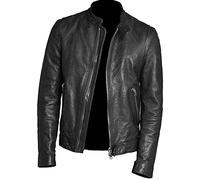 HiFacon Café Racer Snap Tab Biker Leather Jacket - Blue and Black Leather Jacket for Men