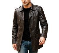 HiFacon Men’s Brown Vintage Sheepskin Leather Double-Breasted Short Coat, Brown Leather Trench Jacket