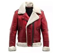 HiFacon Mens B3 Pilot Aviator Red Leather Jacket with Warm White Shearling Faux Fur Collar