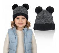 HiFEN® Kids Winter Beanie Hat with Double Pom Pom, Thermal Insulated Knitted Bobble Hat with Fleece Lining, Warm Faux Fur Pom Pom Hat for Boys and Girls, One Size Black