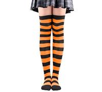 HiFEN Womens Extra Long Thigh High Socks Ladies Girls Over the Knee Plain & Thin Stripes Casual Boot Stockings UK 4-6, Black & Orange