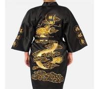 HIFFEY Chinese Men's Satin Silk Robe Embroidery Kimono Bath Gown Dragon Size Men's Bathrobe Spa Robe Nightdress Kimono S M L XL XXL XXXL (Color : Black, Size : XXL)