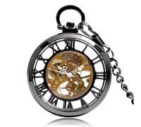 HIFFEY Classic Fashion Hand-Winding Pocket Watch Steampunk Pendant Black Case Mechanical Clock Men Women Fob Chain Birthday Xmas Gift