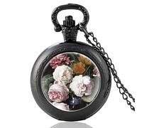 HIFFEY Classic Pretty Flowers Design Black Vintage Quartz Pocket Watch Men Women Charm Pendant Necklace Hours Clock Gifts (Color : PA592-Black)