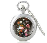 HIFFEY Classic Pretty Flowers Design Black Vintage Quartz Pocket Watch Men Women Charm Pendant Necklace Hours Clock Gifts (Color : PA601-Silver)