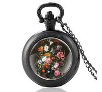 HIFFEY Classic Pretty Flowers Design Black Vintage Quartz Pocket Watch Men Women Charm Pendant Necklace Hours Clock Gifts (Color : PA601-Black)
