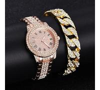 HIFFEY Diamond Women Watches Gold Watch Ladies Wrist Watches Luxury Rhinestone Women's Bracelet Watches Female (Color : 2pcs Set Rose Gold)