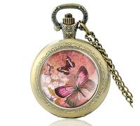 HIFFEY Fashion Pink Butterfly Design Glass Cabochon Quartz Pocket Watch Vintage Men Women Pendant Necklace Chain Clock (Color : Bronze)