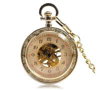 HIFFEY Luxury Gold Hand Winding Mechanical Pocket Watch Men Open Face Arabic Numerals Dial Antique Pendant Clock Pocket Chain
