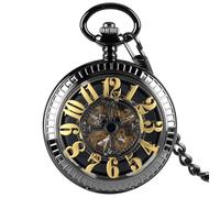 HIFFEY Retro Black Men's Self Winding Mechanical Pocket Watch Hollow Gold Arabic Numerals Design Antique Pendant Watch Pocket Chain