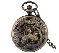 HIFFEY Retro Exquisite Birds Tree Pattern Mechanical Pocket Watch Men Copper Red Roman Numerals Dial Pendant Clock Men Fob Chain Gifts