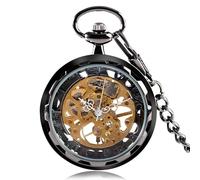HIFFEY Steampunk Watch for Men Women Luxury Hand-Winding Mechanical Pocket Watches Silver Gold Bronze Balck Pendant with Fob Chian (Color : Black)