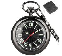HIFFEY Vintage Bronze/Black Smooth Open Face Quartz Analog Pocket Watch for Men Luminous Roman Numerals Dial Antique Pocket Clock Gift (Color : Black with Box)