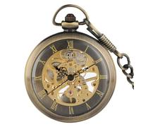 HIFFEY Vintage Bronze Transparent Roman Numerals Skeleton Mechanical Hand Winding Pocket Watch Open Face Pendant Antique Pocket Clock