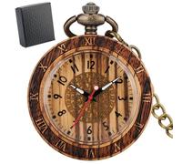 HIFFEY Vintage Chic Stripe Engraved Open Face Quartz Fob Pocket Men Pendant Watch Bronze Chain Black Gift Box Antique Wooden Timepiece (Color : B Zebrawood with Box)