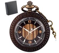 HIFFEY Vintage Chic Stripe Engraved Open Face Quartz Fob Pocket Men Pendant Watch Bronze Chain Black Gift Box Antique Wooden Timepiece (Color : F Ebony with Box)