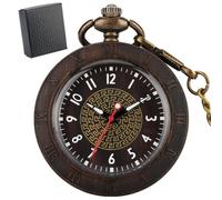 HIFFEY Vintage Chic Stripe Engraved Open Face Quartz Fob Pocket Men Pendant Watch Bronze Chain Black Gift Box Antique Wooden Timepiece (Color : B Ebony with Box)