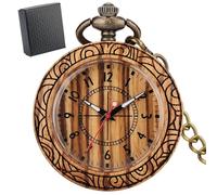 HIFFEY Vintage Chic Stripe Engraved Open Face Quartz Fob Pocket Men Pendant Watch Bronze Chain Black Gift Box Antique Wooden Timepiece (Color : C Zebrawood with Box)