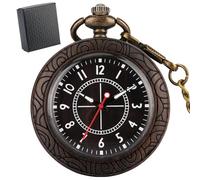 HIFFEY Vintage Chic Stripe Engraved Open Face Quartz Fob Pocket Men Pendant Watch Bronze Chain Black Gift Box Antique Wooden Timepiece (Color : C Ebony with Box)