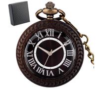 HIFFEY Vintage Chic Stripe Engraved Open Face Quartz Fob Pocket Men Pendant Watch Bronze Chain Black Gift Box Antique Wooden Timepiece (Color : E Ebony with Box)