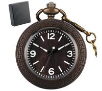 HIFFEY Vintage Chic Stripe Engraved Open Face Quartz Fob Pocket Men Pendant Watch Bronze Chain Black Gift Box Antique Wooden Timepiece (Color : A Ebony with Box)