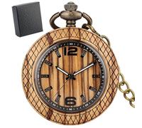 HIFFEY Vintage Chic Stripe Engraved Open Face Quartz Fob Pocket Men Pendant Watch Bronze Chain Black Gift Box Antique Wooden Timepiece (Color : D Zebrawood with Box)