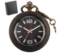HIFFEY Vintage Chic Stripe Engraved Open Face Quartz Fob Pocket Men Pendant Watch Bronze Chain Black Gift Box Antique Wooden Timepiece (Color : D Ebony with Box)