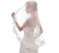 HIFFEY Women's Short 2 Tier Lace Wedding Bridal Veil with Comb (Color : Ivory)
