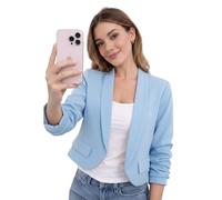 Hiffy Women’s Cropped Ruched Sleeves Blazer Jacket - Slim Fit Lightweight Casual Work Office Blazer, Open Front Short Coat Sky Blue