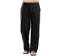 HIFI7 Men's Linen Pants Casual Beach Trousers (UK, Alpha, 4XL, Regular, Regular, Black)