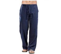 HIFI7 Men's Linen Pants Casual Beach Trousers (UK, Alpha, XL, Regular, Regular, Navy Blue)