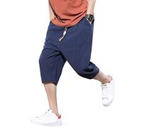 HIFI7 Mens Linen Shorts 3/4 Summer Trousers Men's Shorts (UK, Alpha, L, Regular, Regular, Navy Blue)