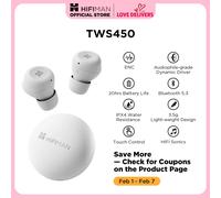 HiFiMAN TWS450 Environmental Noise Cancelling Bluetooth in-Ear Hi-Fi Earphones with Audiophile-Grade Dynamic Driver, Low Latency Bluetooth 5.3, IPX4 Water/Sweat Resistant, Small Cavity, White
