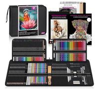 HIFORNY 136 PCS Drawing & Sketching Set,Pro Art Supplies with Graphite,Charcoal,Colored,Watercolor,Metallic Pencils,Blending Tools,Sketchbook,Watercolor Book and Coloring Book in Zipper Case (Black)