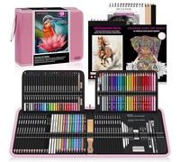 HIFORNY 136 PCS Drawing & Sketching Set,Pro Art Supplies with Graphite,Charcoal,Colored,Watercolor,Metallic Pencils,Blending Tools,Sketchbook,Watercolor Book and Coloring Book in Zipper Case (Pink)