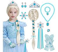 Hifot 11 Pcs Elsa Dress Up Accessories for Girls, Princess Dress-up Party Accessories Cosplay Wig Elsa Crown Magic Wand Gloves Jewelry