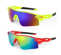 Hifot 2 Pack Kids Teens Sports Running Baseball Cycling Sunglasses, UV400 Protection, Wraparound, Polarized, Green&Red, Unisex, 6-14 Years