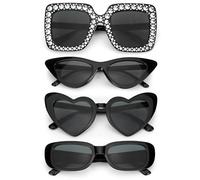 Hifot 4 PCS Black Sunglasses Womens Set, Black Rectangle Cat Eye Rhinestone Square Heart Sunglasses, Funky Retro Party Glasses Rave Glasses for Women Men Hen Party Favors Weddings 90s Accessories