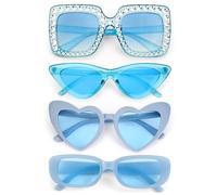 Hifot 4 PCS Blue Sunglasses Womens Set, Blue Rectangle Cat Eye Rhinestone Square Heart Sunglasses, Funky Retro Party Glasses Rave Glasses for Women Men Hen Party Favors Weddings 90s Accessories