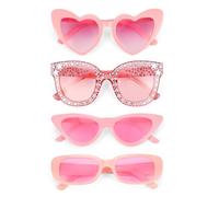 Hifot 4 PCS Pink Sunglasses Womens Set, Pink Rectangle Cat Eye Rhinestone Square Heart Sunglasses, Funky Retro Party Glasses Rave Glasses for Women Men Hen Party Favors Weddings 90s Accessories