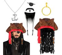 Hifot 5 Pcs Pirate Accessories Set Pirates Hat Eye Patches Necklace Earings Fake Mustache Captain Hat with Dreadlock Wig Pirate Costume Accessories for Adult