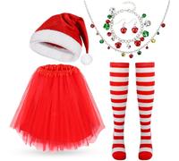 Hifot 6 Pack Christmas Costumes for Women, Santa Hat Red Tutu Striped Knee High Socks Christmas Jingle Bell Necklace Jewelry Set for Women Girls, Christmas Outfits Adult Set for Xmas Christmas Party