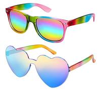 Hifot Colored Sunglasses Set, Heart Shaped Rimless Sunglasses + Rainbow Retro Sunglasses, Party Novelty Glasses for Women Men Kids, Festival Party Funky Lgbtq Rainbow 90s Sunglasses Accessories
