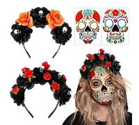 Hifot Day of the Dead Headband Set, 2PCS Flower Crown Headband + 2PCS Skull Face Tattoos Stickers, Halloween Flower Headband Temporary Tattoos Kit for Women Girls Halloween Party Masquerade Cosplay