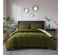 HIG 3 Pieces Coverless Duvet Olive Green King - 240 x 220cm - Cassette Box Construction - Corner Duvet Tabs - Reversible 10.5 Tog Comforter with 2 Shams - 100% Down Alternative & Breathable Bedding