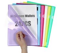 HIGA-JKL 24 Pack A4 Clear Plastic Folders and Wallets 6 Assorted Colours Cut Flush Side Opening File Covers with Pockets Document Wallet Folders for Work, Report, Project, Presentation