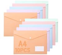 HIGA-JKL Pack of 10 A4 Document Wallets, Transparent Plastic Pockets with Press Stud, Label Pocket and Business Card Pocket, Ideal for Office Supplies and Homework (5 Colours)